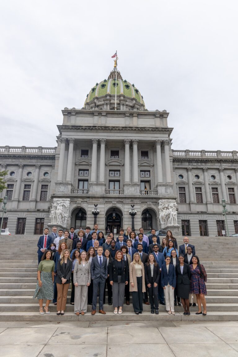 Students in front of the PA capitol buildling